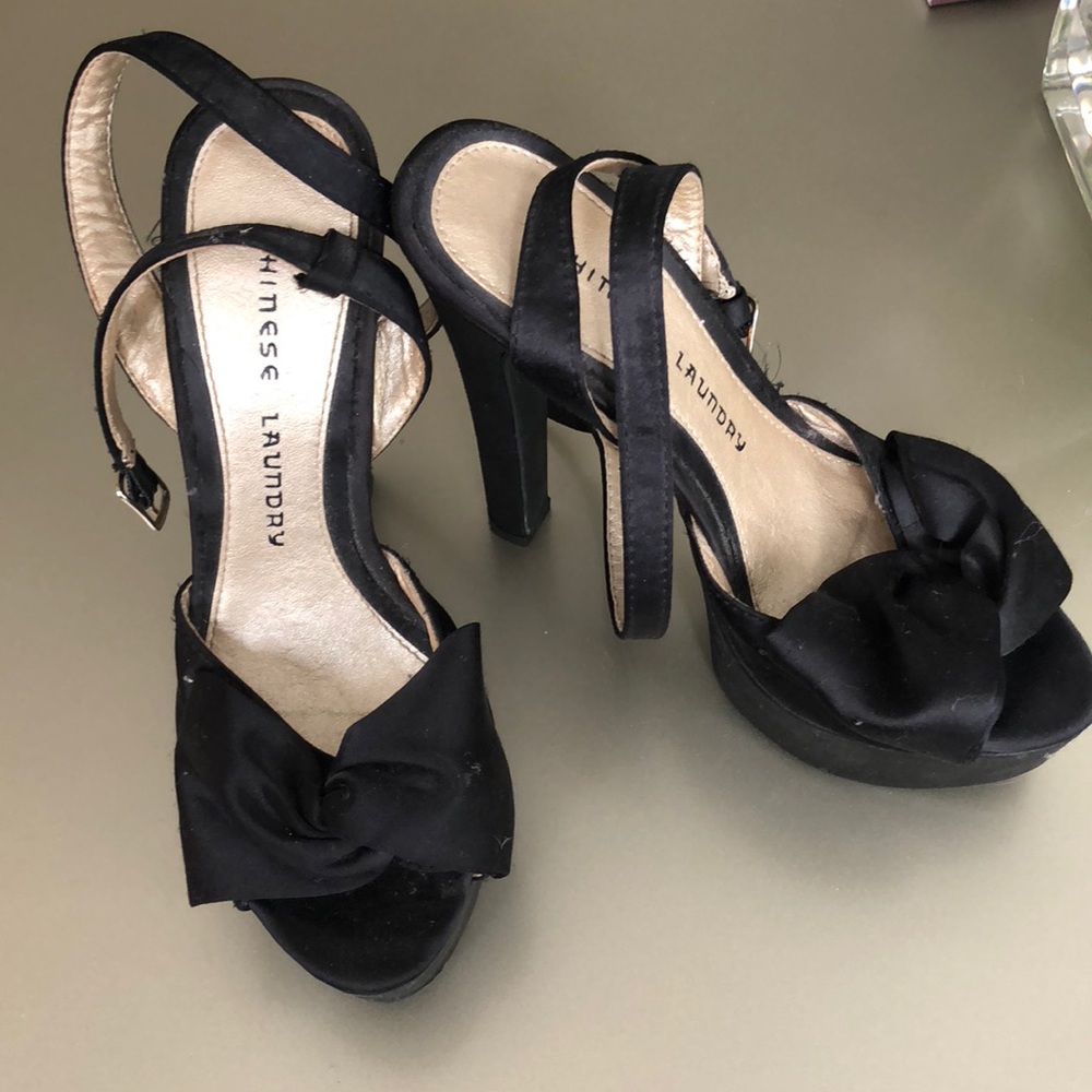 Black satin wedge heels